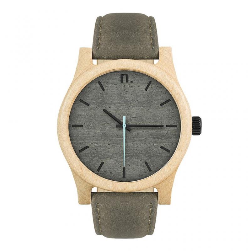 Levně Šedé dřevěné hodinky s koženým řemínkem pro pány, N024