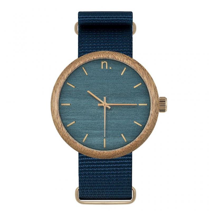 Levně Modré dřevěné hodinky s textilním řemínkem pro pány, N043