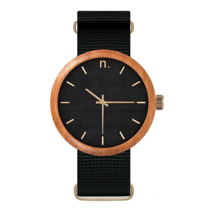 Levně Dřevěné pánské hodinky černé barvy s textilním řemínkem, N054
