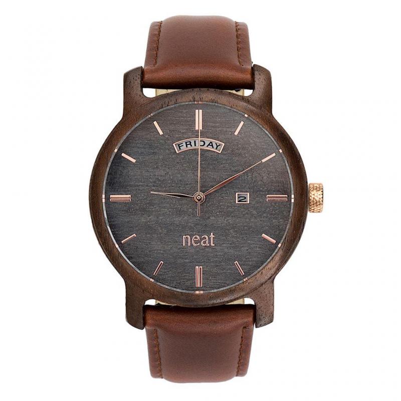 Hnědo-šedé dřevěné hodinky s koženým řemínkem pro pány, N082