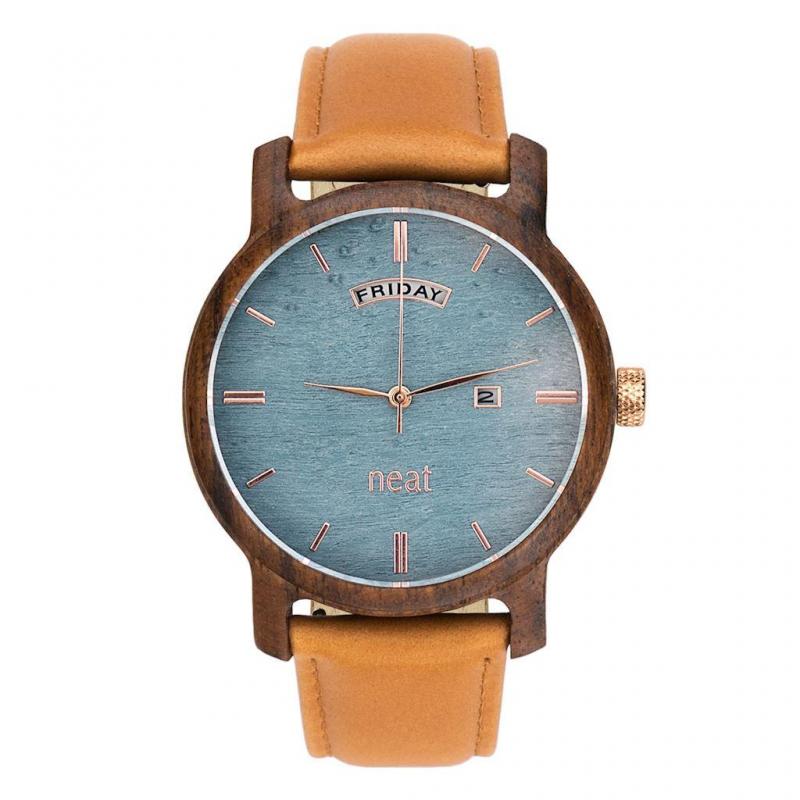 Levně Pánské dřevěné hodinky s koženým páskem v hnědo-modré barvě, N083