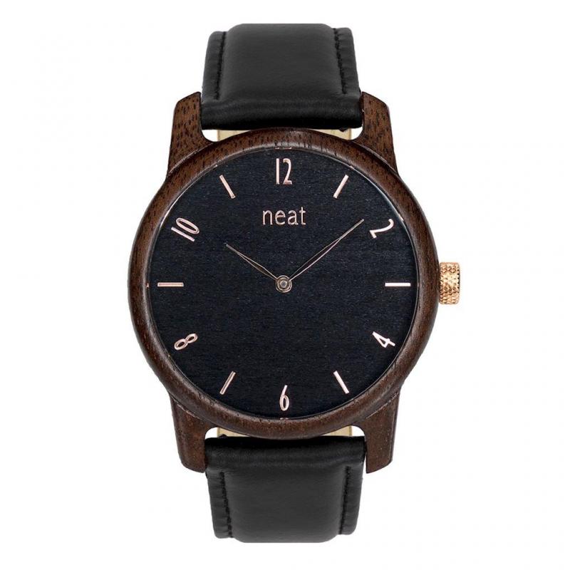 Levně Černé dřevěné hodinky s koženým řemínkem pro pány, N093