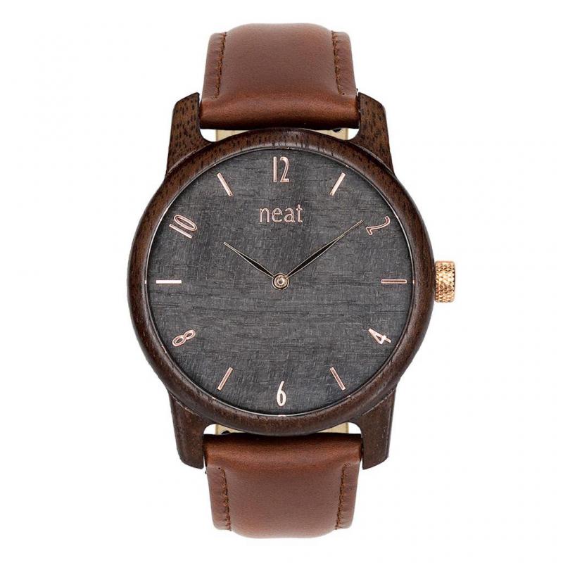 Levně Pánské dřevěné hodinky s koženým páskem v hnědo-šedé barvě, N091