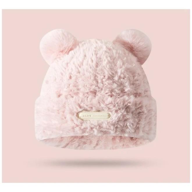 Plyšová růžová čepice s medvědíma ušima