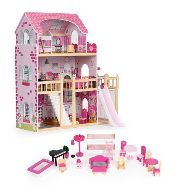 Levně Domeček pro panenky s terasou a skluzavkou, 18 dřevěných kusů nábytku, Multi__HM014075