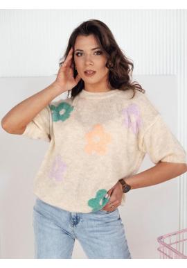 Volný béžový svetr s květinami
