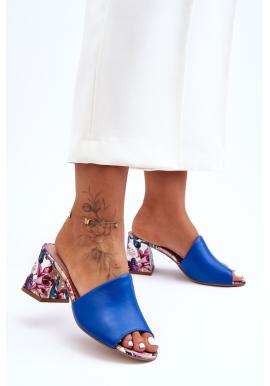 Dámské modré kožené pantofle na podpatku