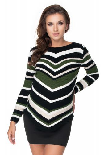 Kaki zaoblený sveter so šikmými pruhmi pre dámy