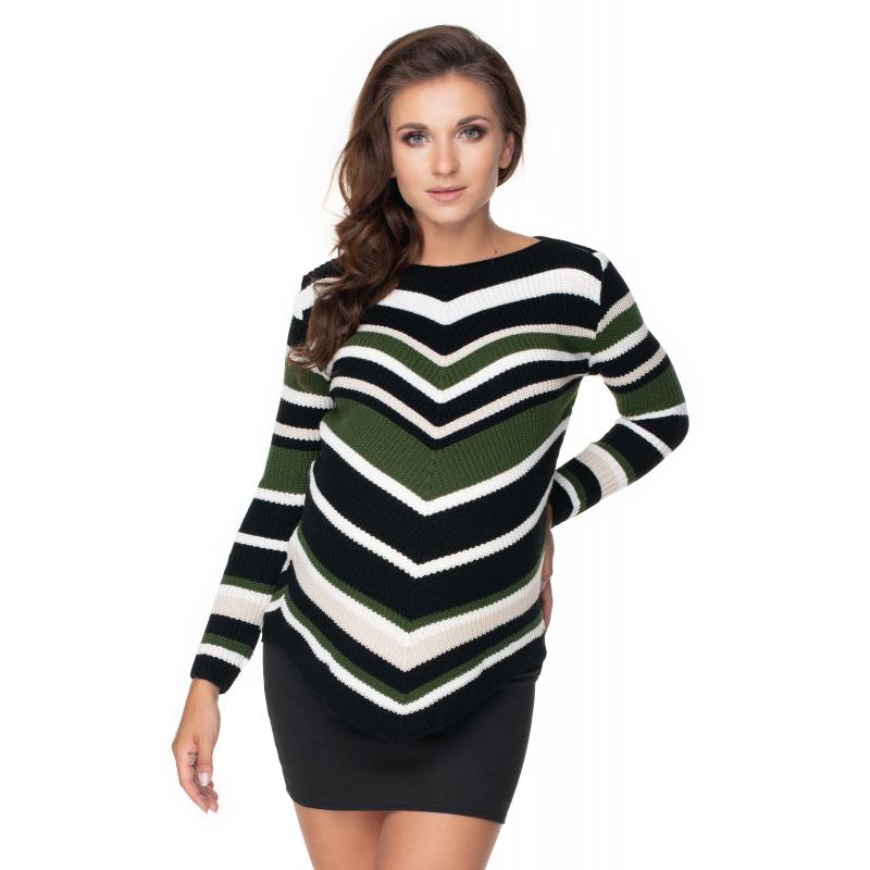 Kaki zaoblený sveter so šikmými pruhmi pre dámy