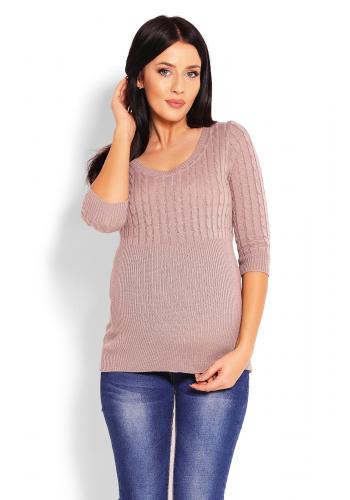 Tehotenský modrý vypasovaný sveter s 3/4 rukávmi