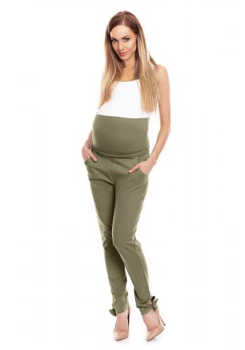 Těhotenské kalhoty se zvýšeným pasem a mašlí v kaki barvě
