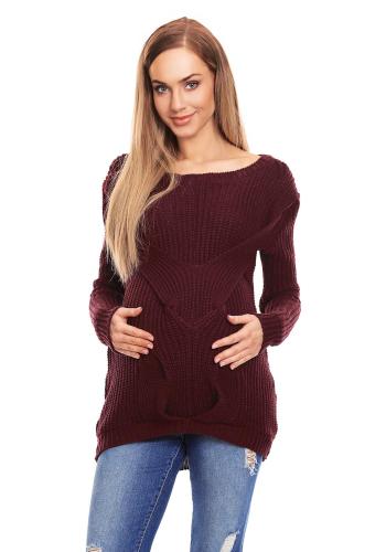 Těhotenský prodloužený svetr s copem vpředu v bordó barvě