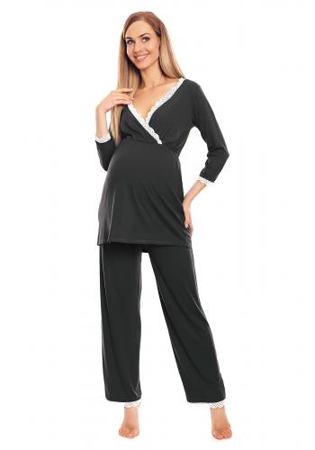 Těhotenské a kojící pyžamo s kalhotami a tričkem s dlouhým rukávem v tmavě šedé barvě s výstřihem