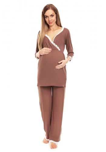 Tehotenské a dojčiace pyžamo s nohavicami a tričkom s dlhým rukávom v tmavosivej farbe s výstrihom