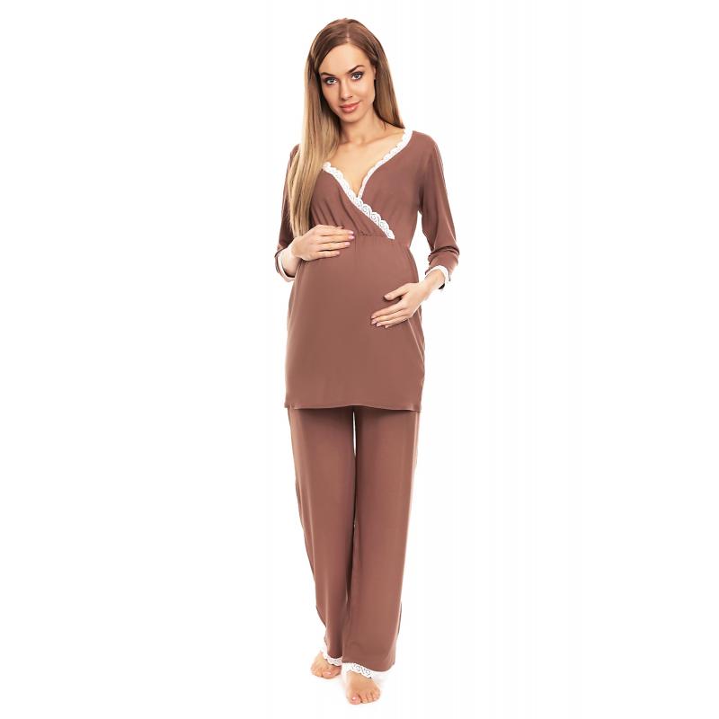 Levně Cappuccinové těhotenské a kojící pyžamo s kalhotami a tričkem s dlouhým rukávem s výstřihem, PKB926 0136 L/XL