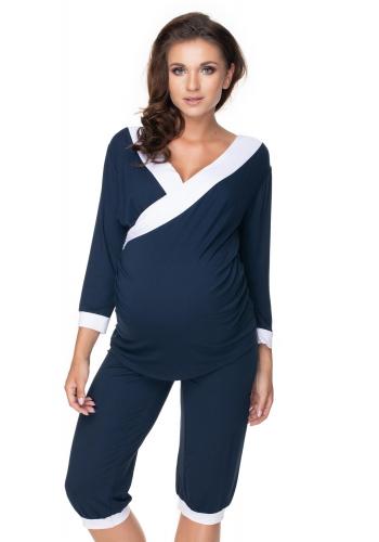 Těhotenské a kojící pyžamo s 3/4 kalhotami s břišním panelem a tričkem s 3/4 rukávem s výstřihem - tmavomodré / bílé