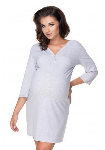 Těhotenská a kojící noční košile na krmení s knoflíky na hrudi a 3/4 rukávy ve světle šedé barvě