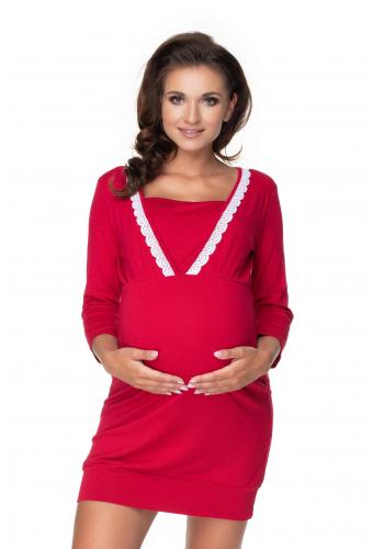 Těhotenská a kojící noční košile na krmení s 3/4 rukávy a ozdobnou krajkou v bordó barvě