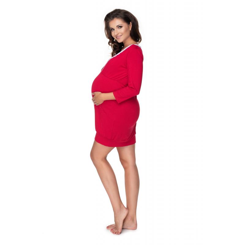 Tehotenská a dojčiaca nočná košeľa na kŕmenie s 3/4 rukávmi a ozdobnou čipkou v bordovej farbe