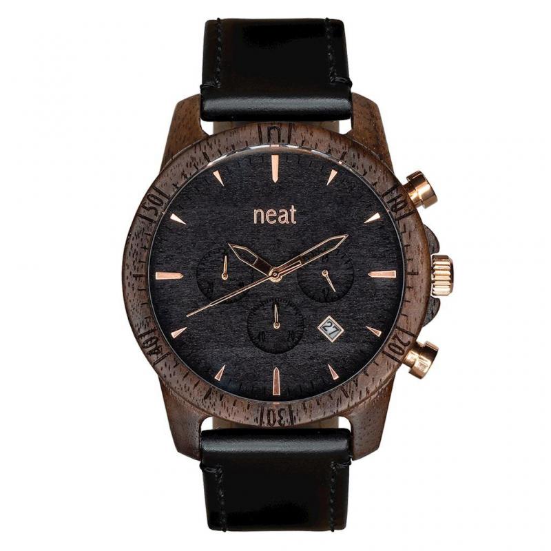 Levně Pánské dřevěné hodinky s koženým páskem v černé barvě, N088