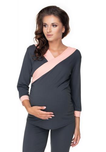 Těhotenské a kojící pyžamo s 3/4 kalhotami s břišním panelem a tričkem s 3/4 rukávem s výstřihem - tmavě šedé / růžové