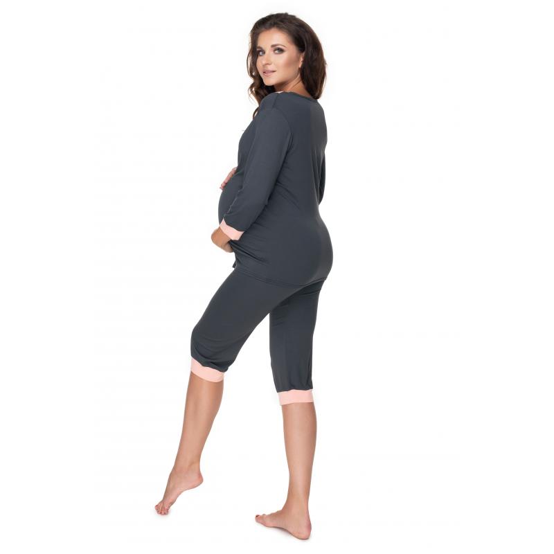 Tehotenské a dojčiace pyžamo s 3/4 nohavicami s brušným panelom a tričkom s 3/4 rukávom s výstrihom - tmavosivé/ružové