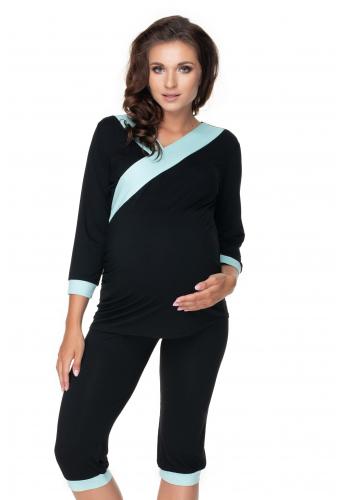 Těhotenské a kojící pyžamo s 3/4 kalhotami s břišním panelem a tričkem s 3/4 rukávem s výstřihem - černé / světlemodré
