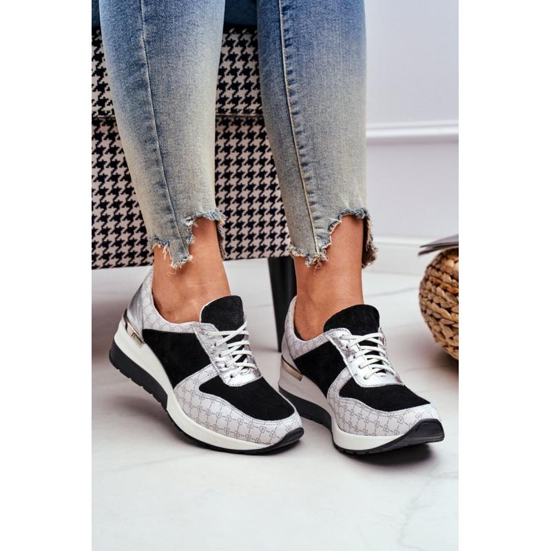 Vzorované dámské Sneakers bílo-černé barvy na klínovém podpatku