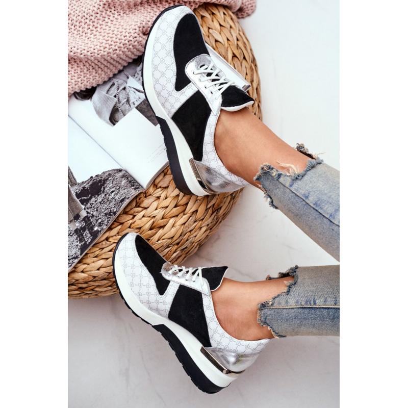 Vzorované dámské Sneakers bílo-černé barvy na klínovém podpatku
