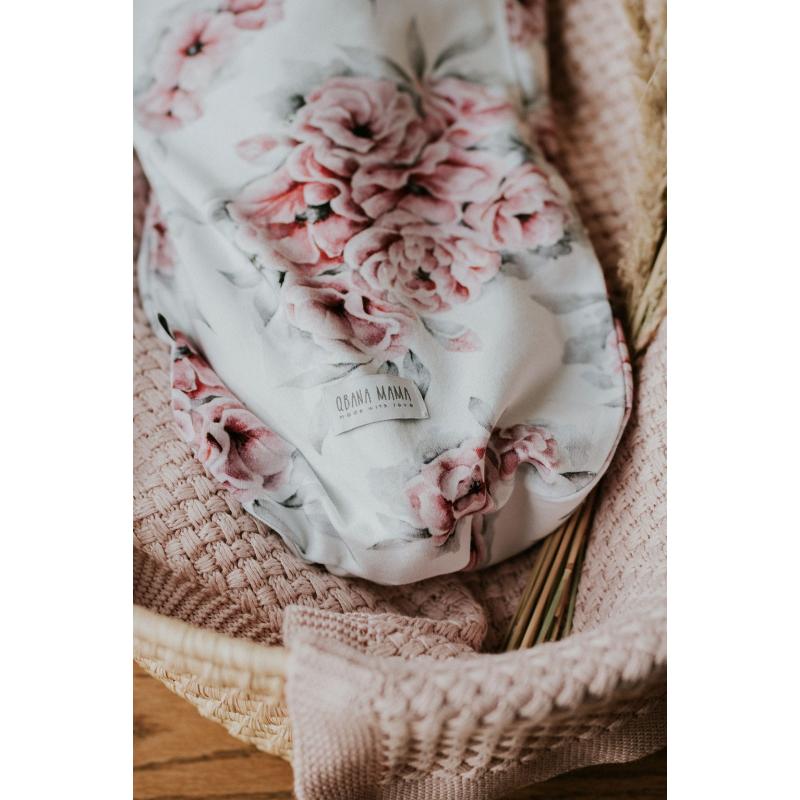 Ulitka pro novorozence s motivem růžových květů + čepice a čelenka