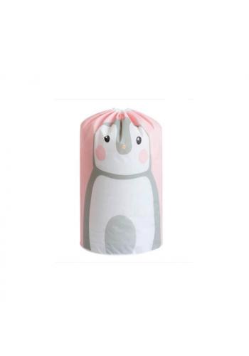 Růžovo-šedý koš na hračky s motivem tučňáka