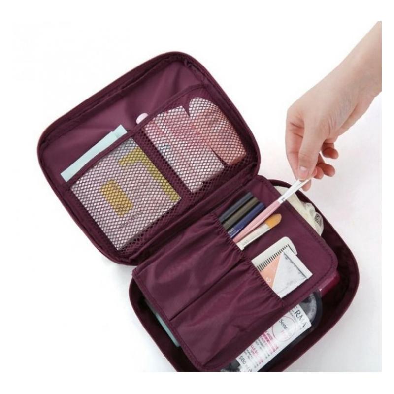 Unisex kosmetická taška s množstvím kapes vínové barvy