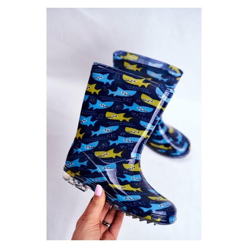 Dětské gumáky pro chlapce v modré barvě s motivem žraloků
