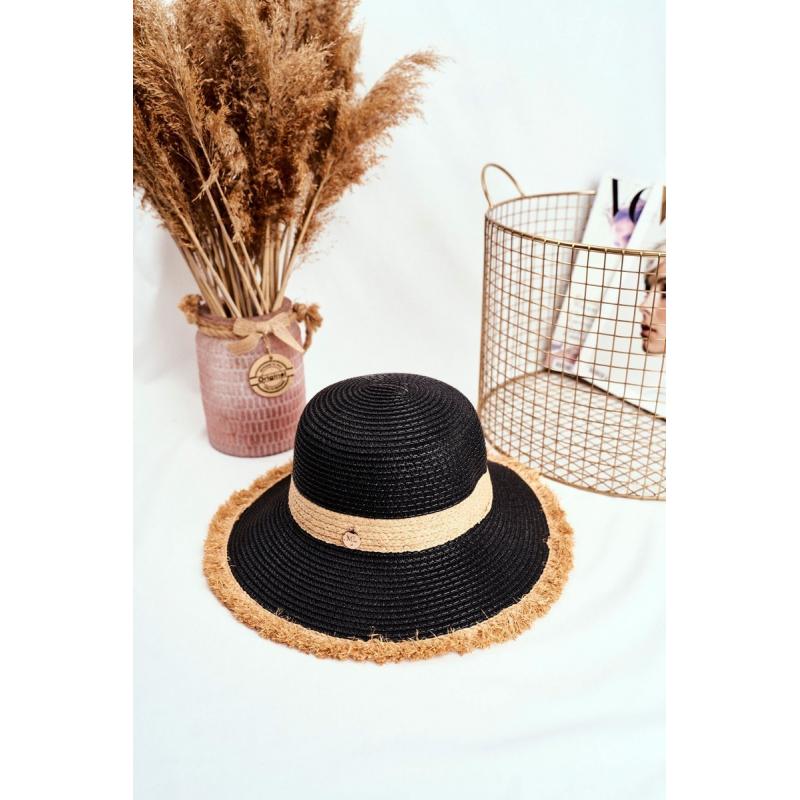 Černý plážový klobouk se zdobeným kruhem pro dámy