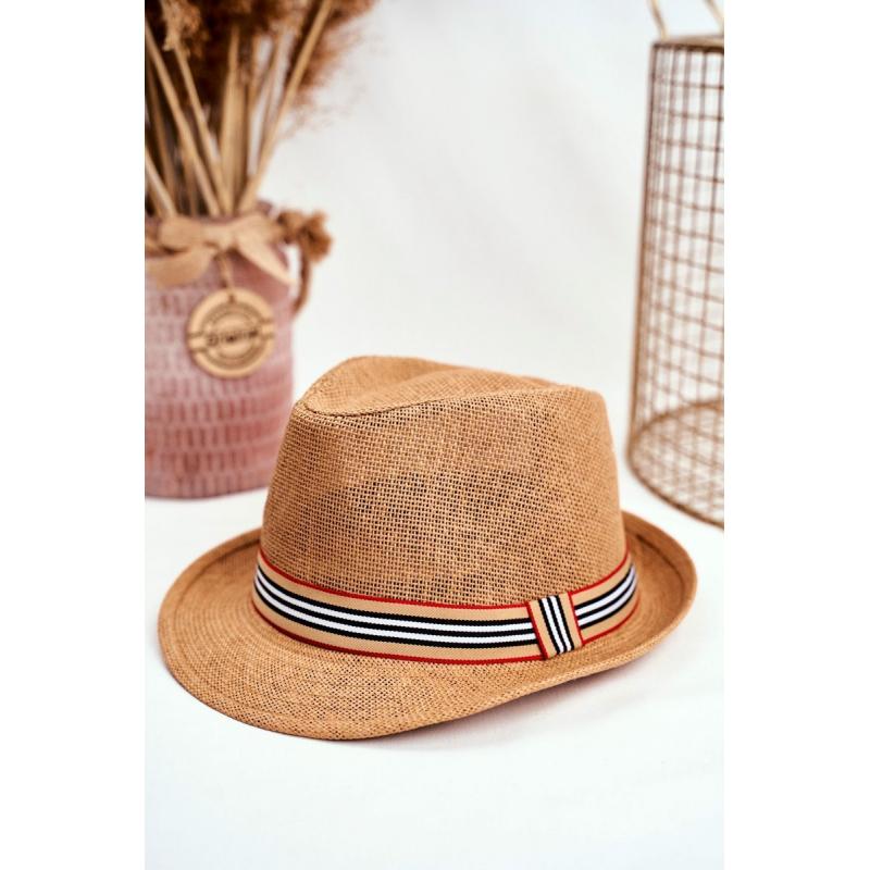 Dámský módní klobouk s barevným páskem v hnědé barvě