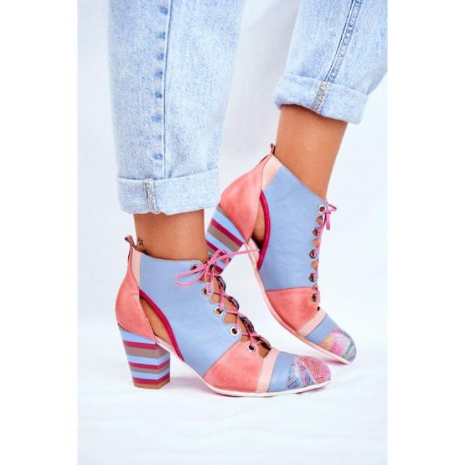 Růžovo-modré kožené boty na podpatku pro dámy