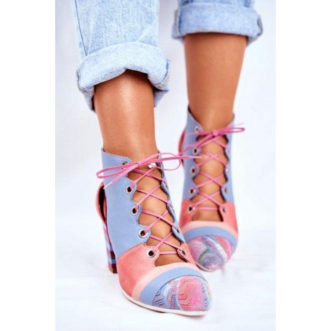 Růžovo-modré kožené boty na podpatku pro dámy