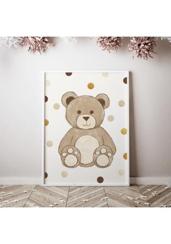 Plakát s motivem medvěda s kuličkami na pozadí
