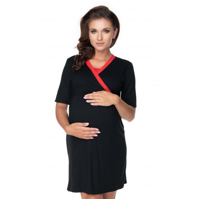 Těhotenský set noční košile a župana v černé barvě s červeným lemem