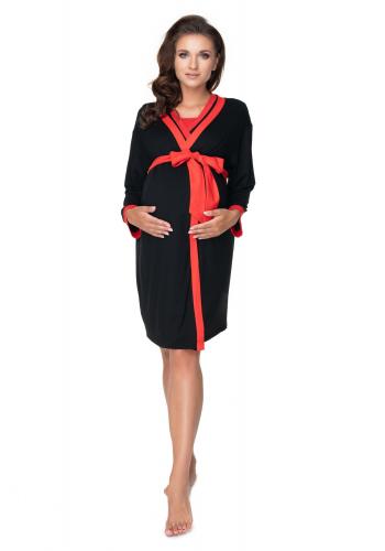 Těhotenský set noční košile a župana v černé barvě s červeným lemem
