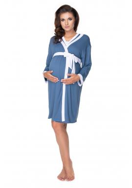 Těhotenský set noční košile a župana v modré barvě s bílým lemem