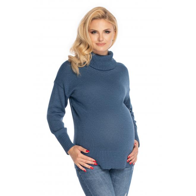 Modrý klasický těhotenský svetr s rolákem
