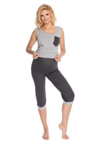 Těhotenské a kojící pyžamo s 3/4 kalhotami s břišním panelem a tričkem bez rukávů v šedé barvě