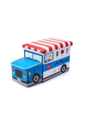 Modro-bílý koš na hračky v podobě zmrzlinového auta