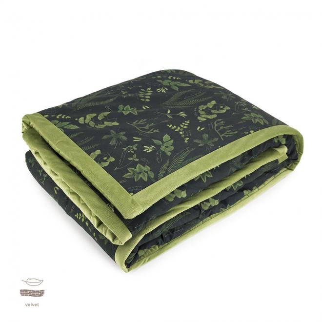 Černo-zelená sametová teplá deka s bylinkovým motivem