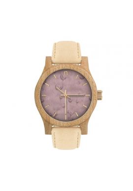 Béžovo-fialové dřevěné hodinky s koženým řemínkem pro dámy