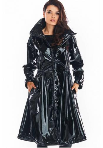 Černá dlouhá vinylová bunda s vysokým límcem pro dámy