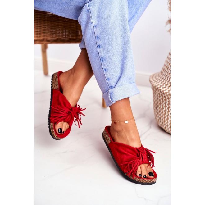 Červené dámské pantofle s třásněmi na korkové podrážce