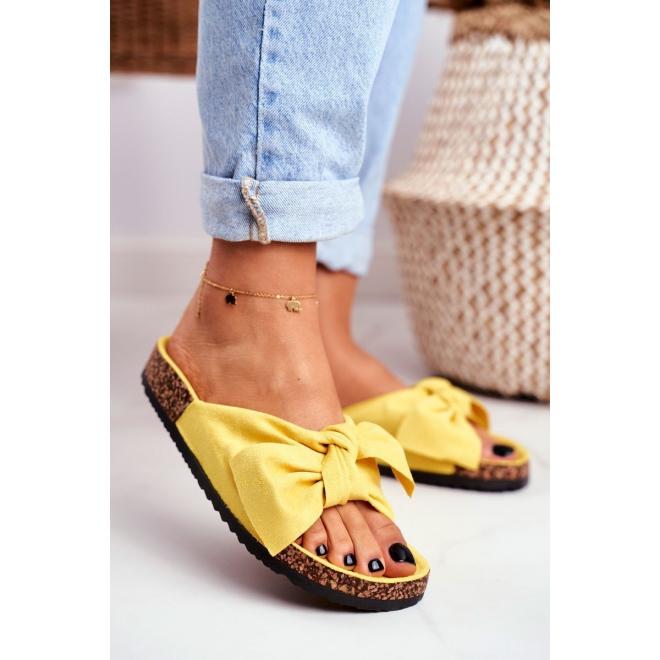 Žluté dámské pantofle s mašlí na korkové podrážce
