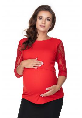 Těhotenská a kojící halenka s dlouhým rukávem s krajkou v červené barvě